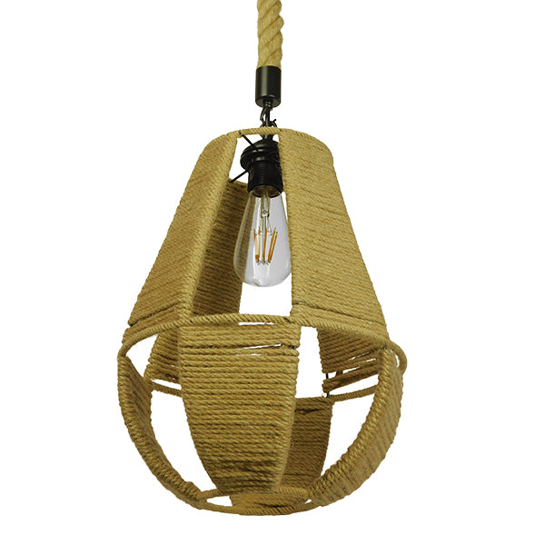 GloboStar® POLIA 01608 Vintage Κρεμαστό Φωτιστικό Οροφής Μονόφωτο Πλέγμα με Μπεζ Σχοινί Φ30 x Υ42cm - ledmania.gr