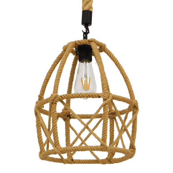 GloboStar® TELAN 01615 Vintage Κρεμαστό Φωτιστικό Οροφής Μονόφωτο Πλέγμα με Μπεζ Σχοινί Φ30 x Υ38cm - ledmania.gr