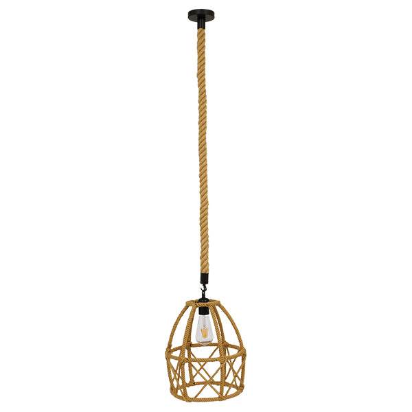 GloboStar® TELAN 01615 Vintage Κρεμαστό Φωτιστικό Οροφής Μονόφωτο Πλέγμα με Μπεζ Σχοινί Φ30 x Υ38cm - ledmania.gr