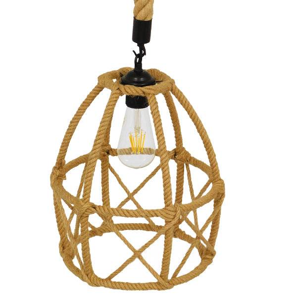 GloboStar® TELAN 01615 Vintage Κρεμαστό Φωτιστικό Οροφής Μονόφωτο Πλέγμα με Μπεζ Σχοινί Φ30 x Υ38cm - ledmania.gr