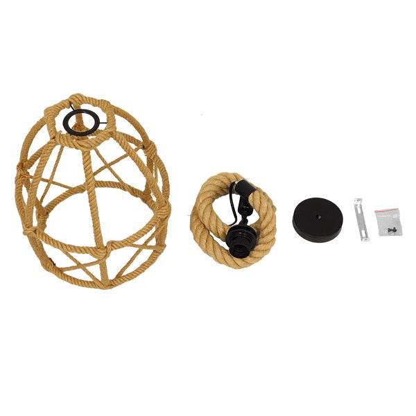 GloboStar® TELAN 01615 Vintage Κρεμαστό Φωτιστικό Οροφής Μονόφωτο Πλέγμα με Μπεζ Σχοινί Φ30 x Υ38cm - ledmania.gr