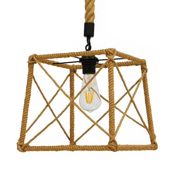 GloboStar® POLISHED 01616 Vintage Κρεμαστό Φωτιστικό Οροφής Μονόφωτο Πλέγμα με Μπεζ Σχοινί Μ30 x Π28 x Υ30cm - ledmania.gr