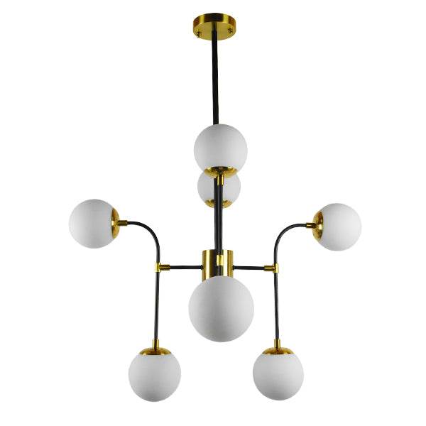 GloboStar® STARDUST 01649 Vintage Industrial Φωτιστικό Οροφής Πολύφωτο Μαύρο Χρυσό Μεταλλικό Πολυέλαιος με Γυάλινες Μπάλες Λευκό Ματ Φ75 x Y100cm - ledmania.gr