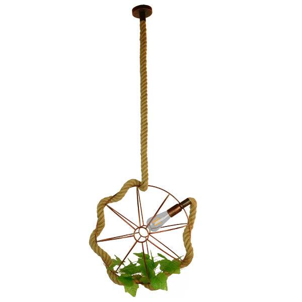 GloboStar® PETUNIA 01661 Vintage Industrial Κρεμαστό Φωτιστικό Οροφής Μονόφωτο Πλέγμα Καφέ Σκουριά με Μπεζ Σχοινί Φ42 x Υ42cm - ledmania.gr