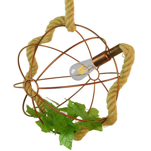 GloboStar® PETUNIA 01661 Vintage Industrial Κρεμαστό Φωτιστικό Οροφής Μονόφωτο Πλέγμα Καφέ Σκουριά με Μπεζ Σχοινί Φ42 x Υ42cm - ledmania.gr