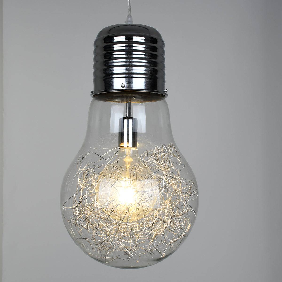 GloboStar® LAMP 01677 Μοντέρνο Κρεμαστό Φωτιστικό Οροφής Μονόφωτο Ασημί Νίκελ Μεταλλικό Διάφανο Γυαλί Φ30 x Υ52cm - ledmania.gr