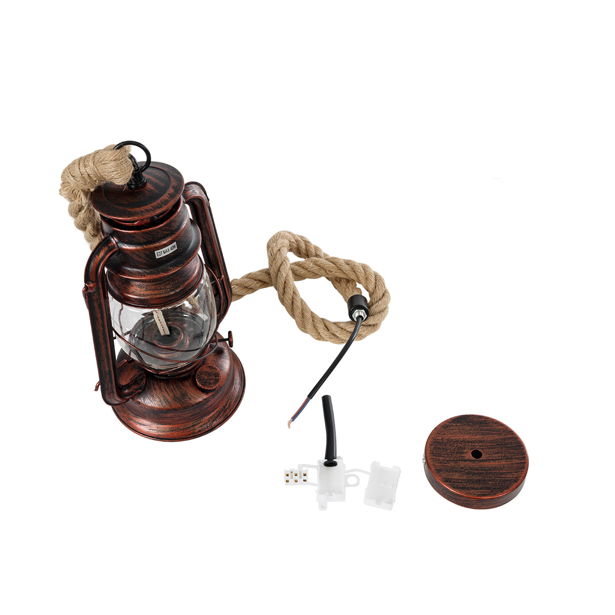 GloboStar® BARBAROSSA 01707 Vintage Κρεμαστό Φωτιστικό Οροφής Μονόφωτο 1 x E27 AC220-240V IP20 - Φ18 x Υ28cm - Χάλκινο Αντικέ Μεταλλικό με Διάφανο Γυαλί και Ανάρτηση Σχοινί Τριχιάς - 5 Χρόνια Εγγύηση - ledmania.gr
