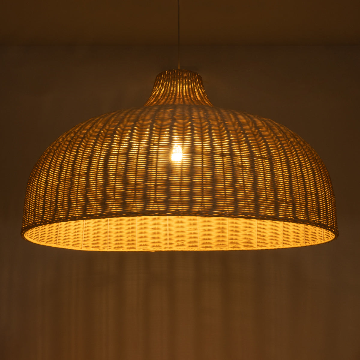 GloboStar® AFURU 01829 Boho Κρεμαστό Φωτιστικό Οροφής Μονόφωτο 1 x E27 AC220-240V IP20 - Φ100 x Υ60cm - Μπεζ Ξύλινο Μπαμπού Πλέγμα Καμπάνα - 5 Χρόνια Εγγύηση - ledmania.gr