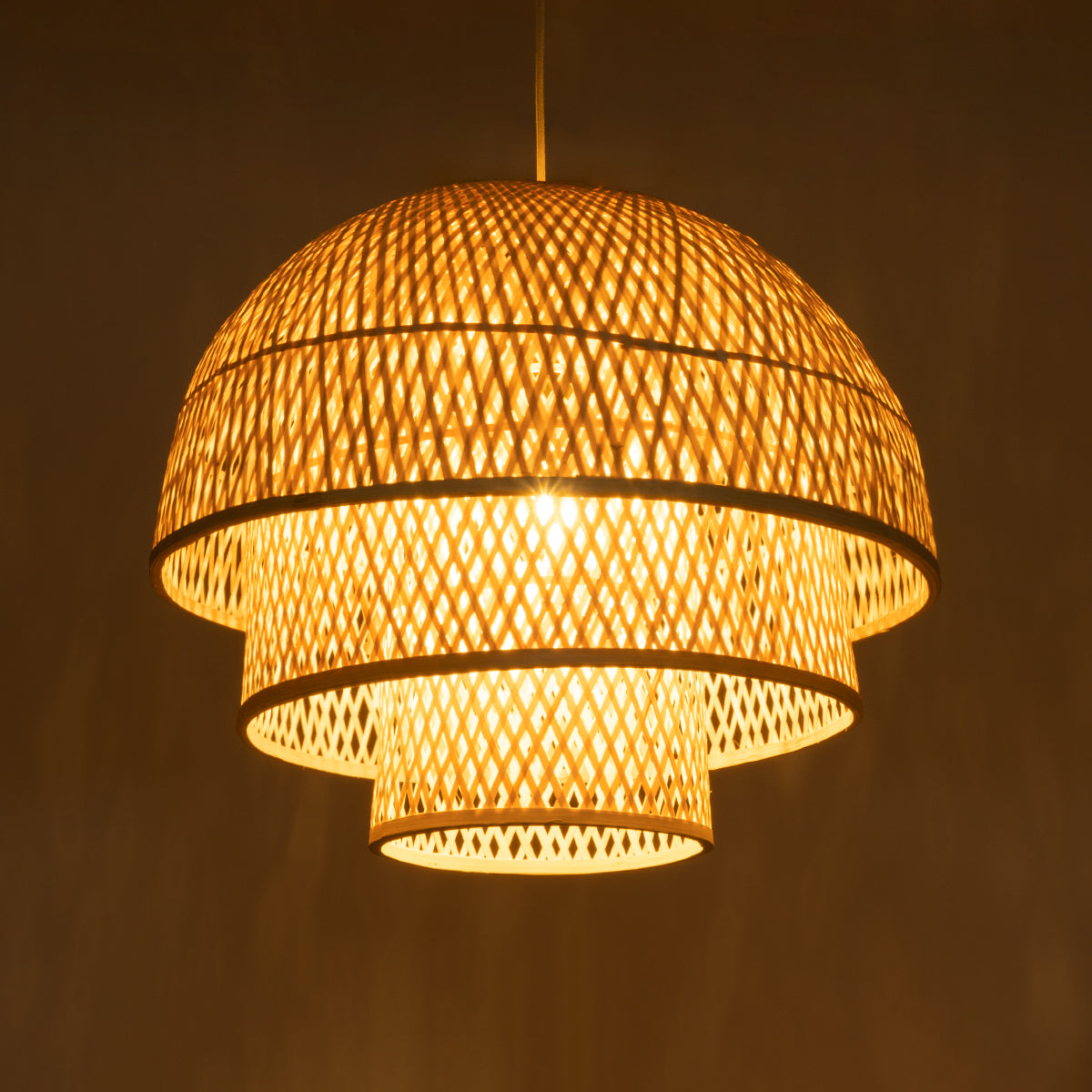 GloboStar® HIROKA 01836 Boho Κρεμαστό Φωτιστικό Οροφής Μονόφωτο 1 x E27 AC220-240V IP20 - Φ60 x Υ50cm - Μπεζ Ξύλινο Μπαμπού Πλέγμα - 5 Χρόνια Εγγύηση - ledmania.gr