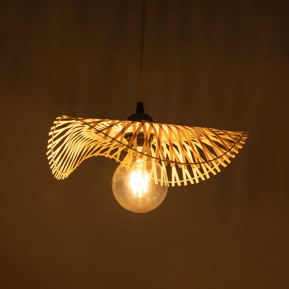 GloboStar® MELEMELE 01839 Boho Κρεμαστό Φωτιστικό Οροφής Μονόφωτο 1 x E27 AC220-240V IP20 - Φ35 x Υ4cm - Μπεζ Ξύλινο Μπαμπού Πλέγμα - 5 Χρόνια Εγγύηση - ledmania.gr
