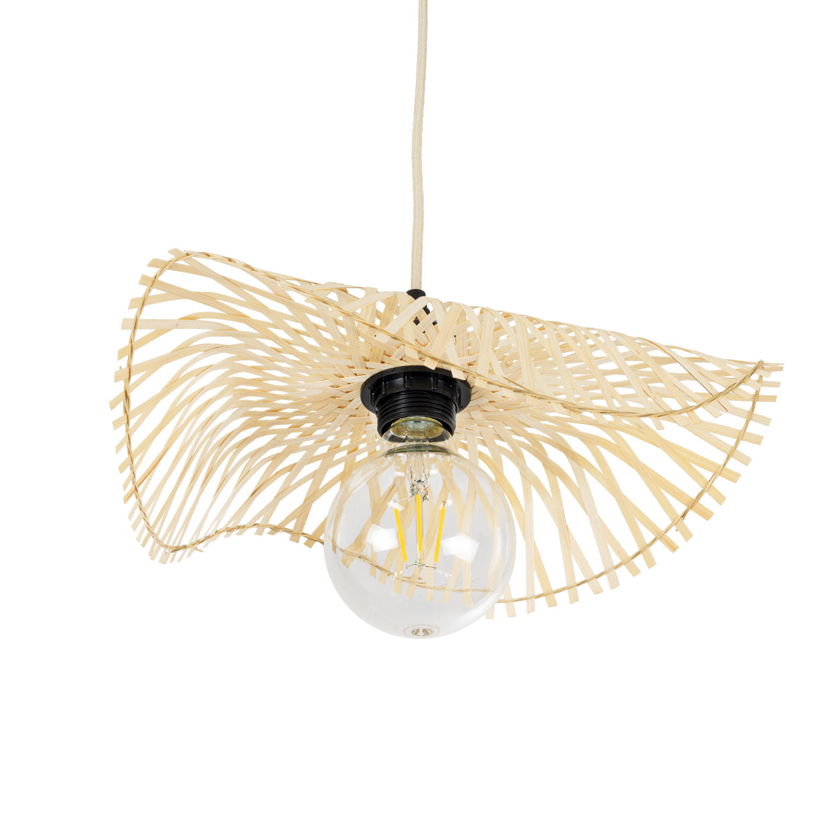 GloboStar® MELEMELE 01839 Boho Κρεμαστό Φωτιστικό Οροφής Μονόφωτο 1 x E27 AC220-240V IP20 - Φ35 x Υ4cm - Μπεζ Ξύλινο Μπαμπού Πλέγμα - 5 Χρόνια Εγγύηση - ledmania.gr