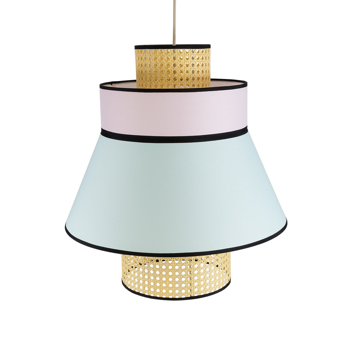 GloboStar® JOURNEY 01920 Boho Κρεμαστό Φωτιστικό Οροφής Μονόφωτο 1 x E27 AC220-240V IP20 - Φ50 x Υ54cm - Μπεζ Ξύλινο με Ροζ Γαλάζιο και Μαύρες Λεπτομέρειες Πλέγμα - 5 Χρόνια Εγγύηση - ledmania.gr