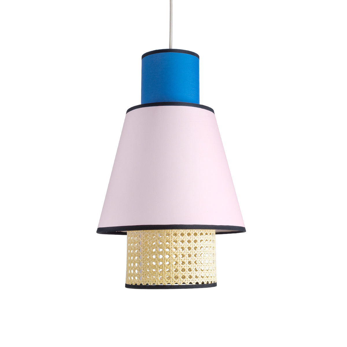 GloboStar® SAIGE 01921 Boho Κρεμαστό Φωτιστικό Οροφής Μονόφωτο 1 x E27 AC220-240V IP20 - Φ30 x Υ48cm - Μπεζ Μπαμπού Πλέγμα με Ροζ και Μπλε Υφασμάτινο Καπέλο - 5 Χρόνια Εγγύηση - ledmania.gr