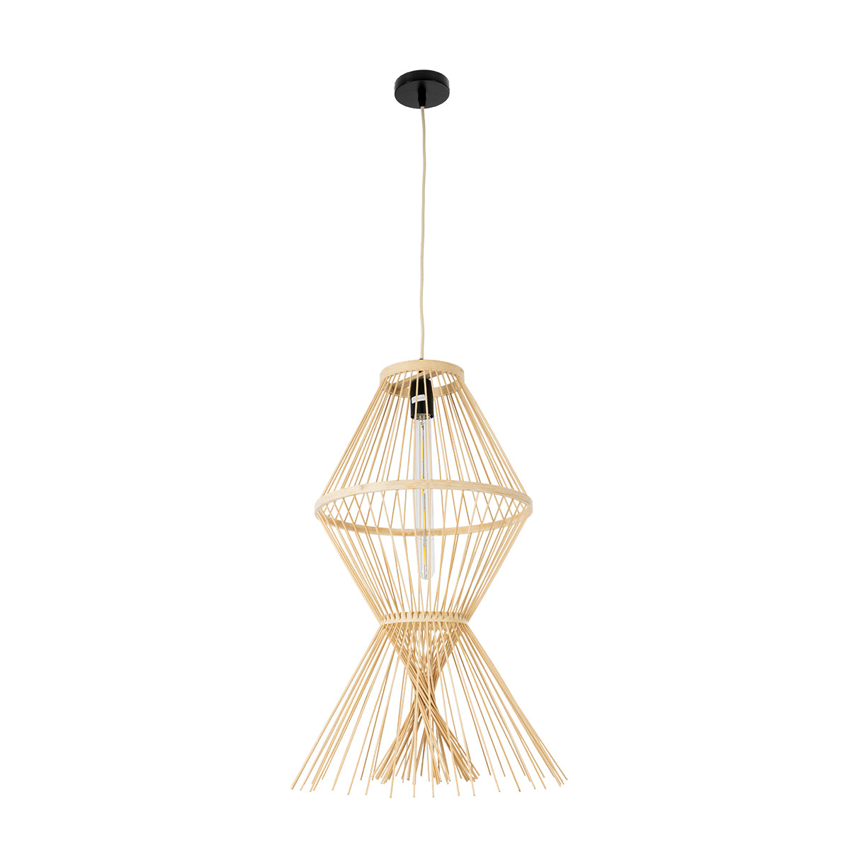 GloboStar® YOSHI 01928 Boho Κρεμαστό Φωτιστικό Οροφής Μονόφωτο 1 x E27 AC220-240V IP20 - Φ35 x Υ60cm - Μπεζ Ξύλινο Πλέγμα - 5 Χρόνια Εγγύηση - ledmania.gr