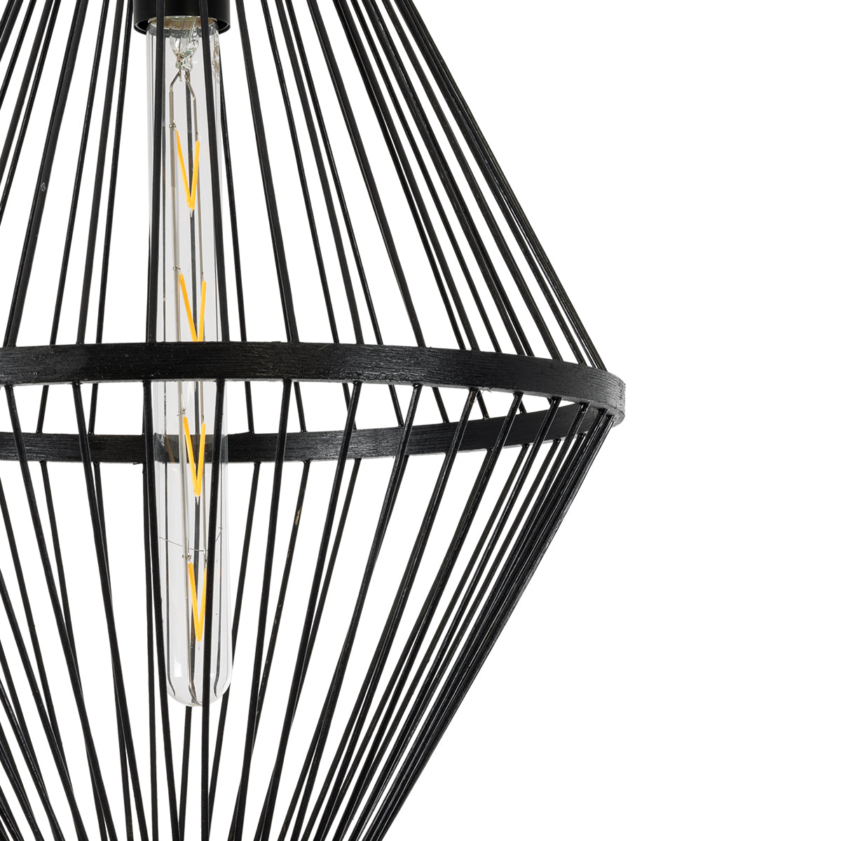 GloboStar® YOSHI 01929 Boho Κρεμαστό Φωτιστικό Οροφής Μονόφωτο 1 x E27 AC220-240V IP20 - Φ35 x Υ60cm - Μαύρο Ξύλινο Πλέγμα - 5 Χρόνια Εγγύηση - ledmania.gr