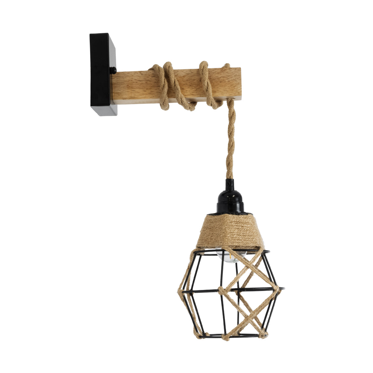 GloboStar® BELLARIVA 01961 Boho Φωτιστικό Τοίχου - Απλίκα Μονόφωτο 1 x E27 AC 220-240V IP20 - Μ10 x Π30 x Υ43cm - Μαύρο Μεταλλικό με Ξύλο και Μπεζ Σχοινί Πλεγμα - 5 Χρόνια Εγγύηση - ledmania.gr