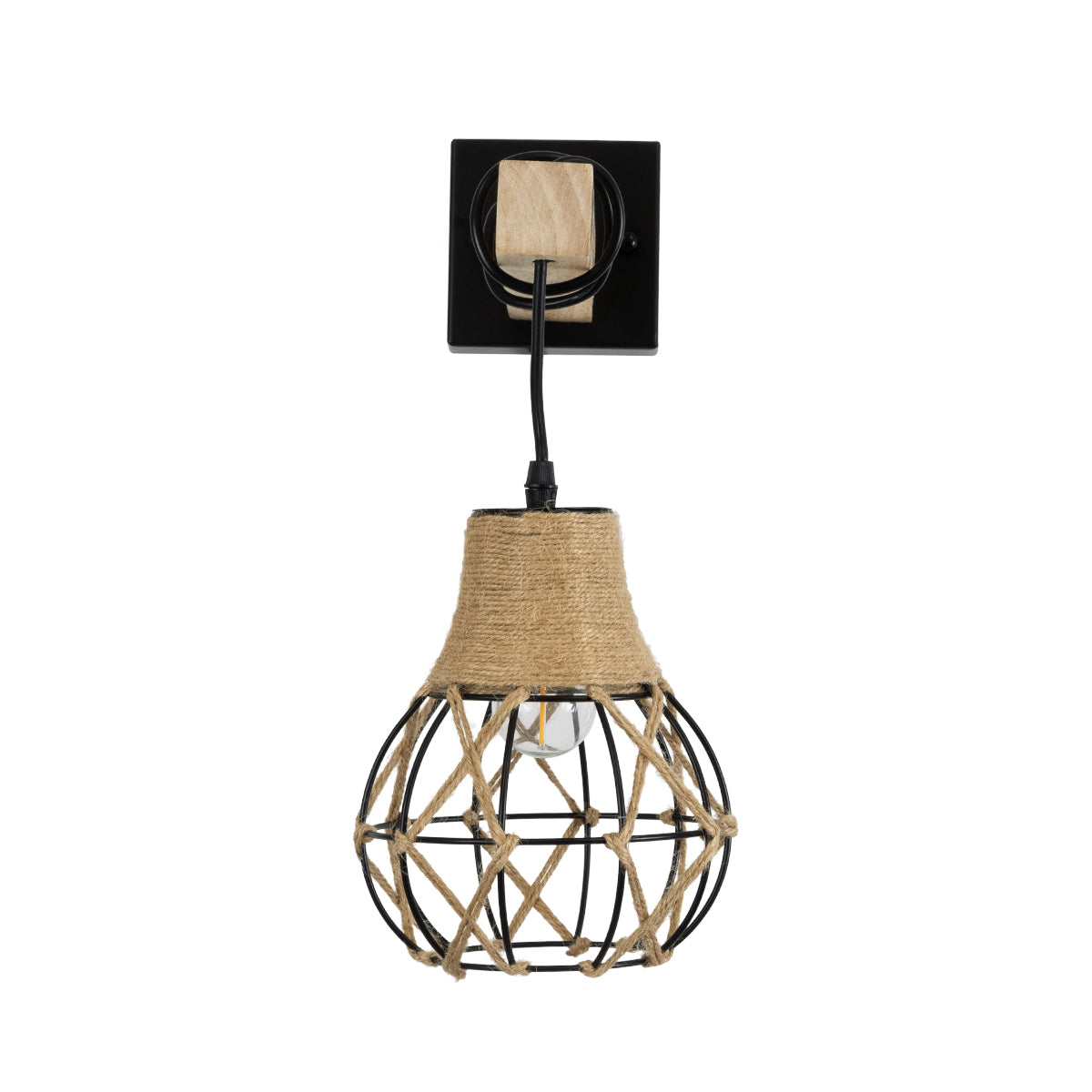 GloboStar® ALANI 01962 Boho Φωτιστικό Τοίχου - Απλίκα Μονόφωτο 1 x E27 AC 220-240V IP20 - Μ10 x Π26 x Υ40cm - Μαύρο Μεταλλικό με Ξύλο και Μπεζ Σχοινί Πλεγμα - 5 Χρόνια Εγγύηση - ledmania.gr