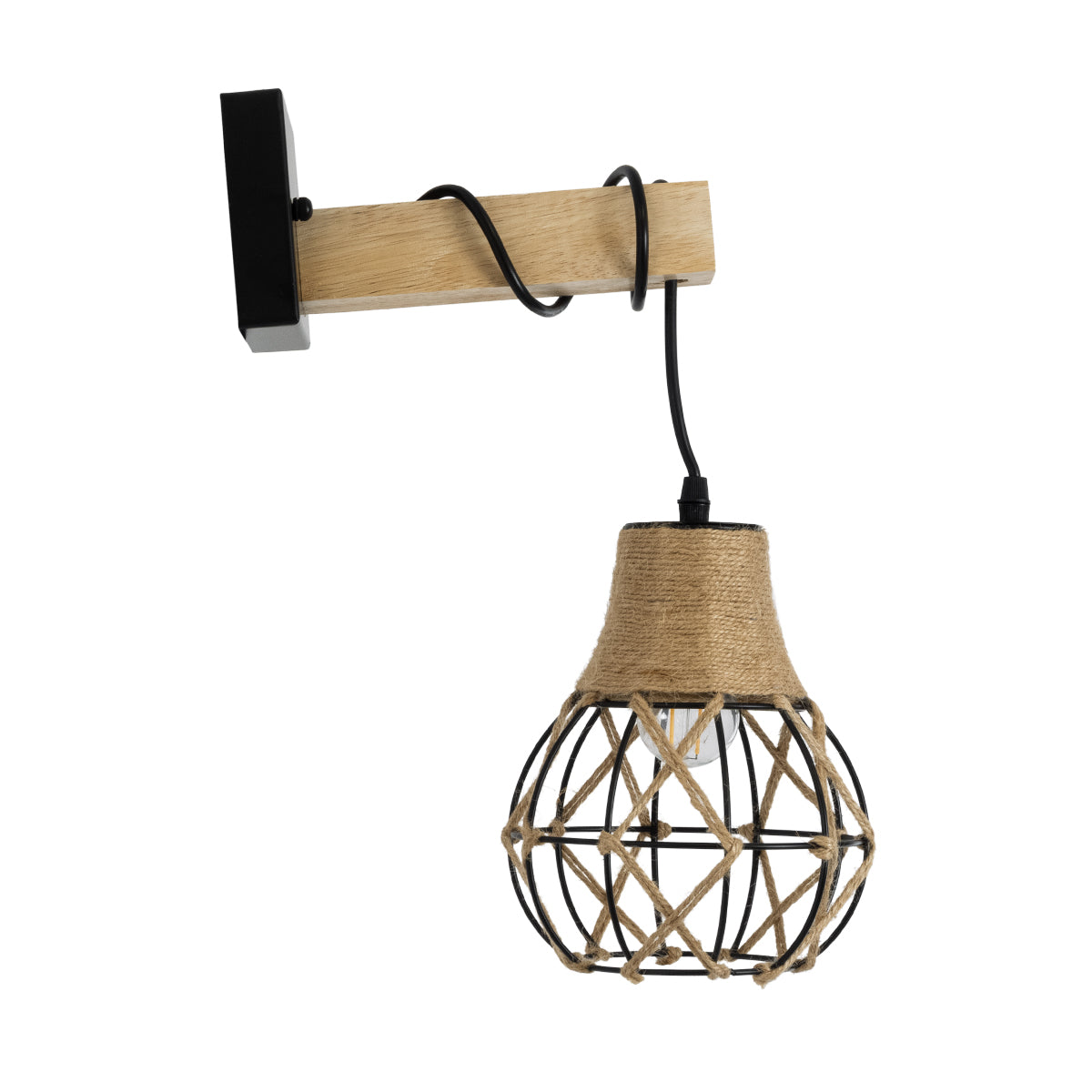 GloboStar® ALANI 01962 Boho Φωτιστικό Τοίχου - Απλίκα Μονόφωτο 1 x E27 AC 220-240V IP20 - Μ10 x Π26 x Υ40cm - Μαύρο Μεταλλικό με Ξύλο και Μπεζ Σχοινί Πλεγμα - 5 Χρόνια Εγγύηση - ledmania.gr