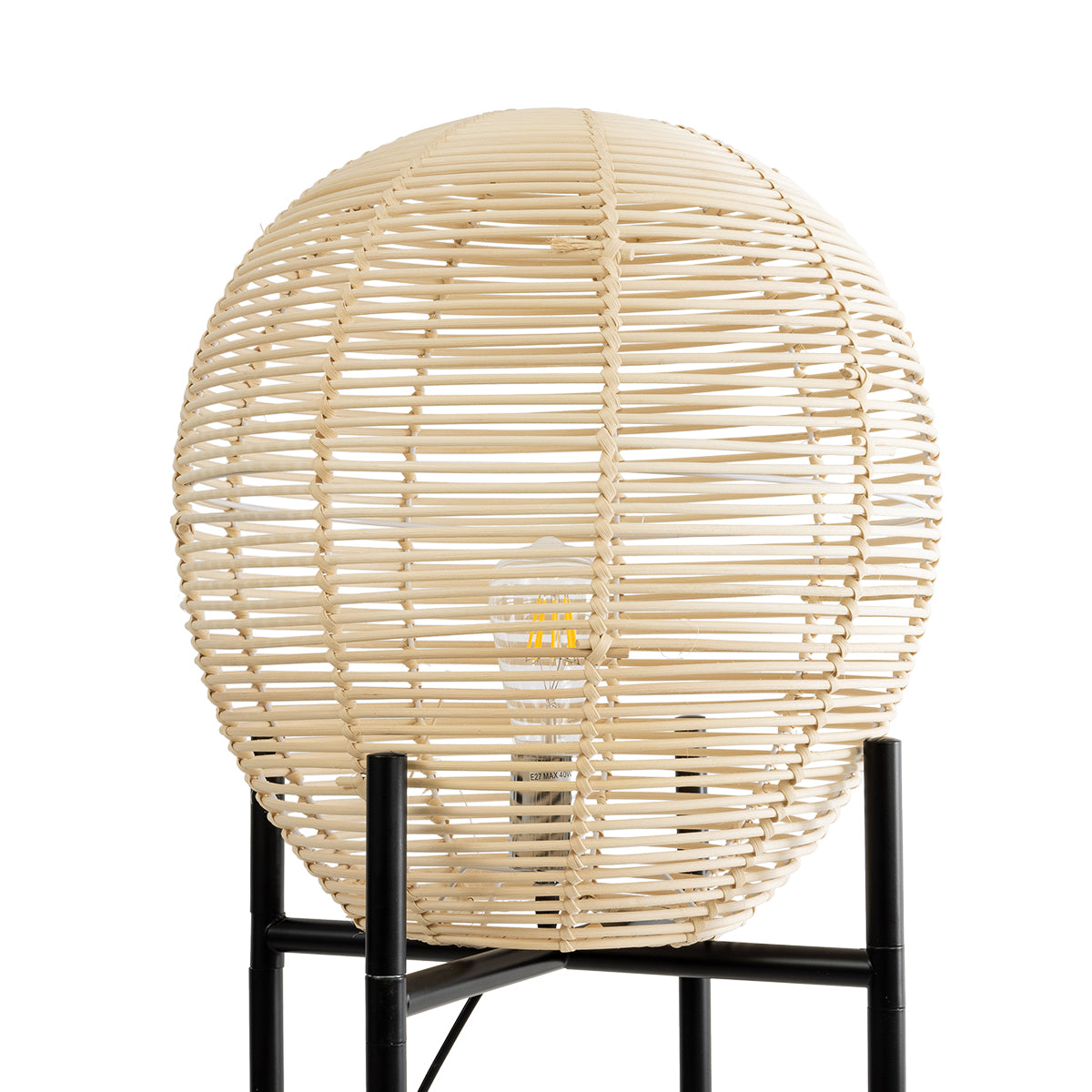 GloboStar® NERINA 02015 Boho Επιδαπέδιο Φωτιστικό Μονόφωτο 1 x E27 AC220-240V IP20 - Φ40 x Υ115cm - Μαύρο Μεταλλικό με Μπεζ Ρατάν Καπέλο Πλέγμα - 5 Χρόνια Εγγύηση - ledmania.gr