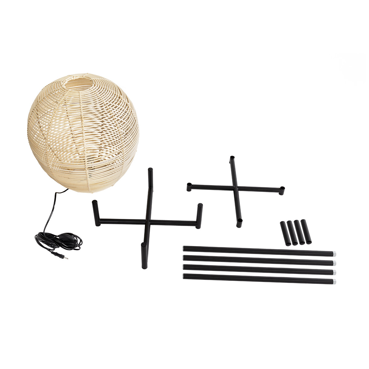 GloboStar® NERINA 02016 Boho Επιδαπέδιο Φωτιστικό Μονόφωτο 1 x E27 AC220-240V IP20 - Φ40 x Υ160cm - Μαύρο Μεταλλικό με Μπεζ Ρατάν Καπέλο Πλέγμα - 5 Χρόνια Εγγύηση - ledmania.gr