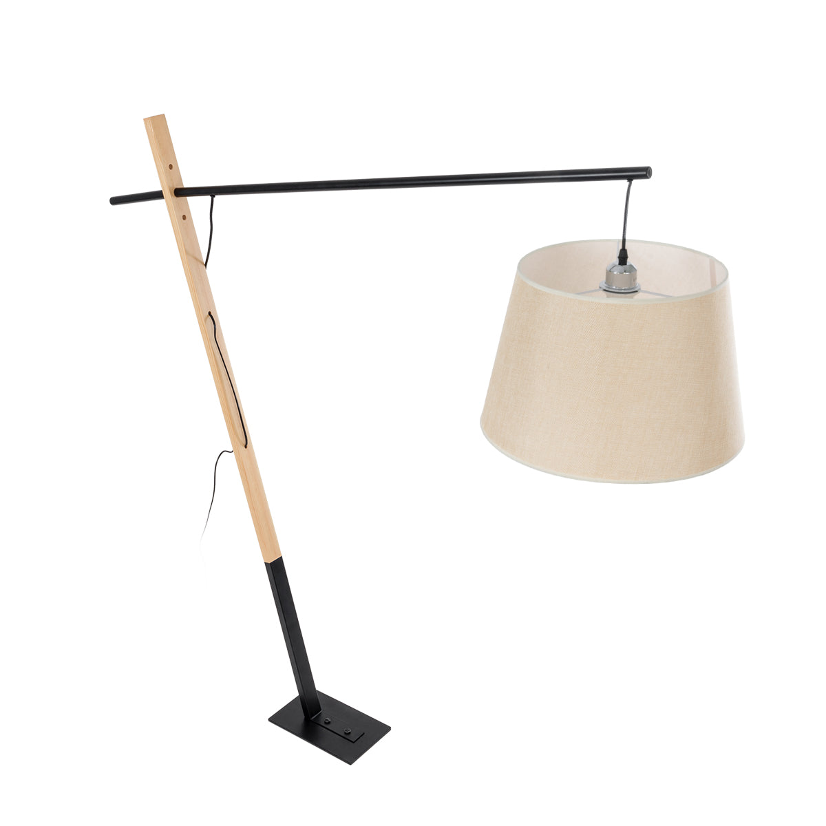 GloboStar® KELSIE 02030 Μοντέρνο Επιδαπέδιο Φωτιστικό Μονόφωτο 1 x E27 AC220-240V IP20 - Μ40 x Π125 x Υ140cm - Μαύρο Μεταλλικό με Μπεζ Ξύλινο Σώμα & Μπεζ Πλεκτό Καπέλο - 5 Χρόνια Εγγύηση - ledmania.gr