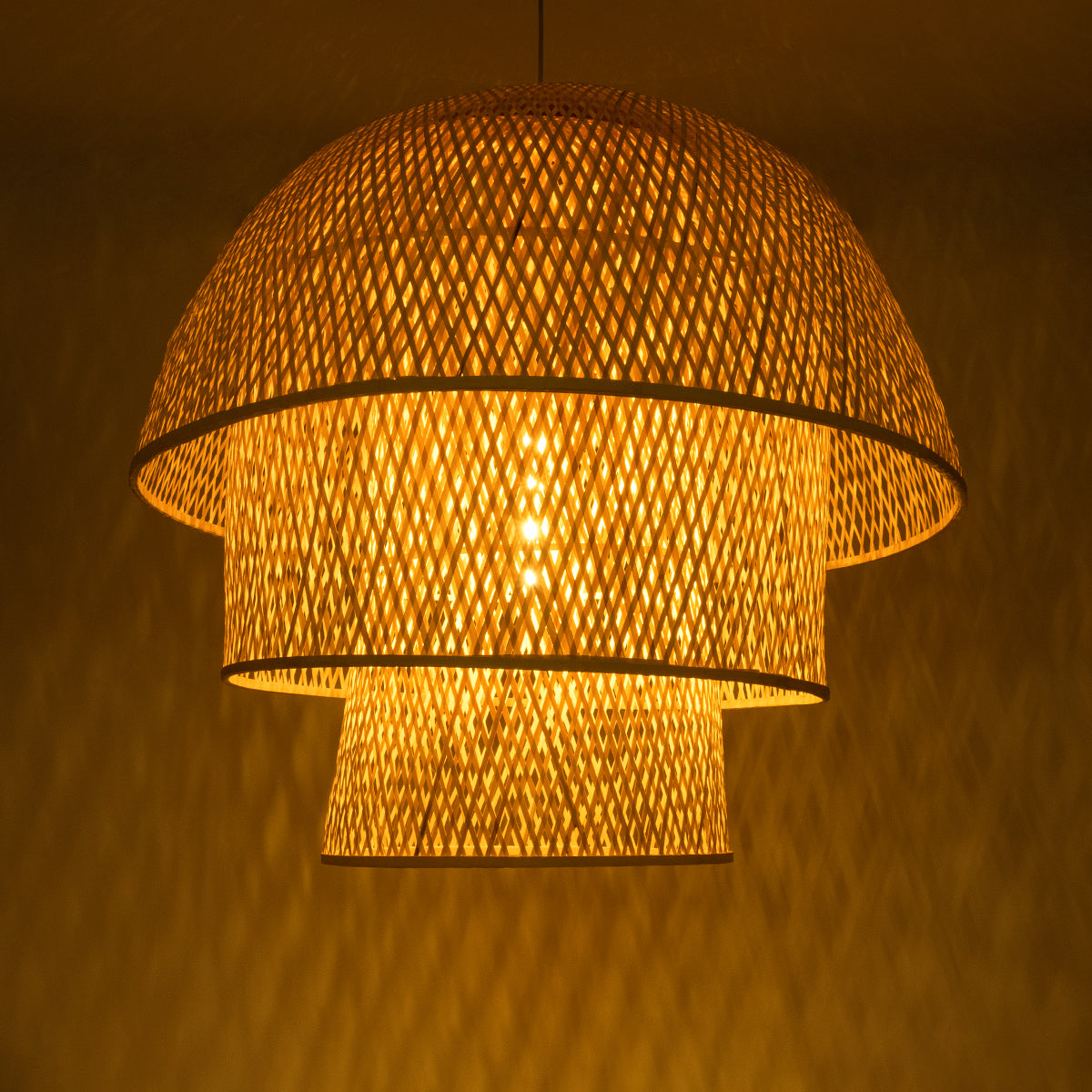 GloboStar® HIROKA 02046 Boho Κρεμαστό Φωτιστικό Οροφής Μονόφωτο 1 x E27 AC220-240V IP20 - Φ100 x Υ110cm - Μπεζ Ξύλινο Μπαμπού Πλέγμα Καμπάνα - 5 Χρόνια Εγγύηση - ledmania.gr