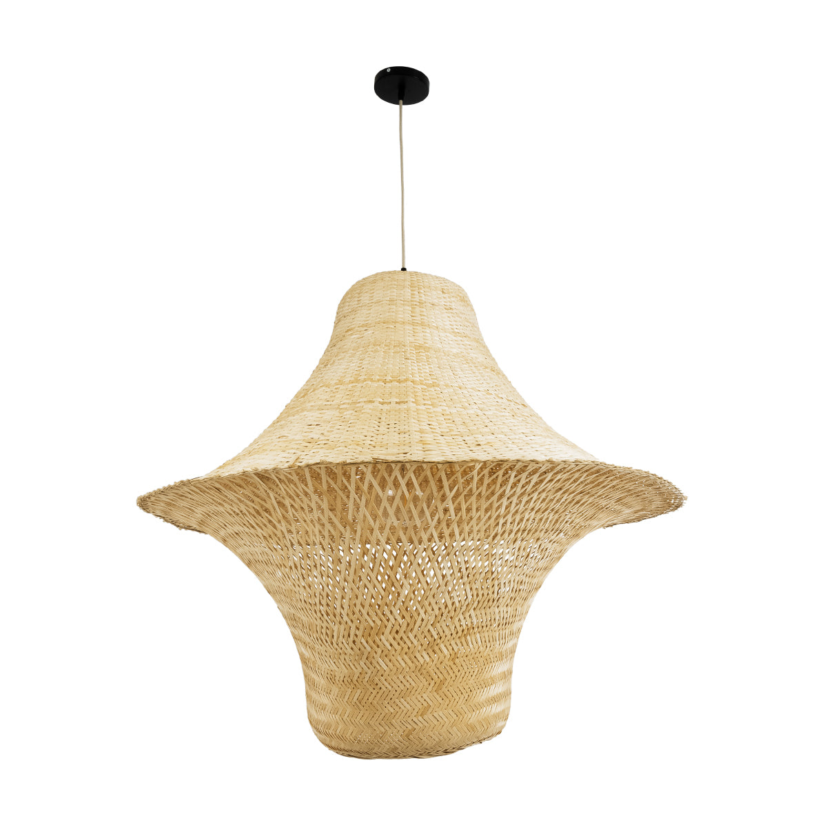 GloboStar® JUNIPER 02047 Boho Κρεμαστό Φωτιστικό Οροφής Μονόφωτο 1 x E27 AC220-240V IP20 - Φ100 x Υ90cm - Μπεζ Ξύλινο Μπαμπού Πλέγμα Καμπάνα - 5 Χρόνια Εγγύηση - ledmania.gr