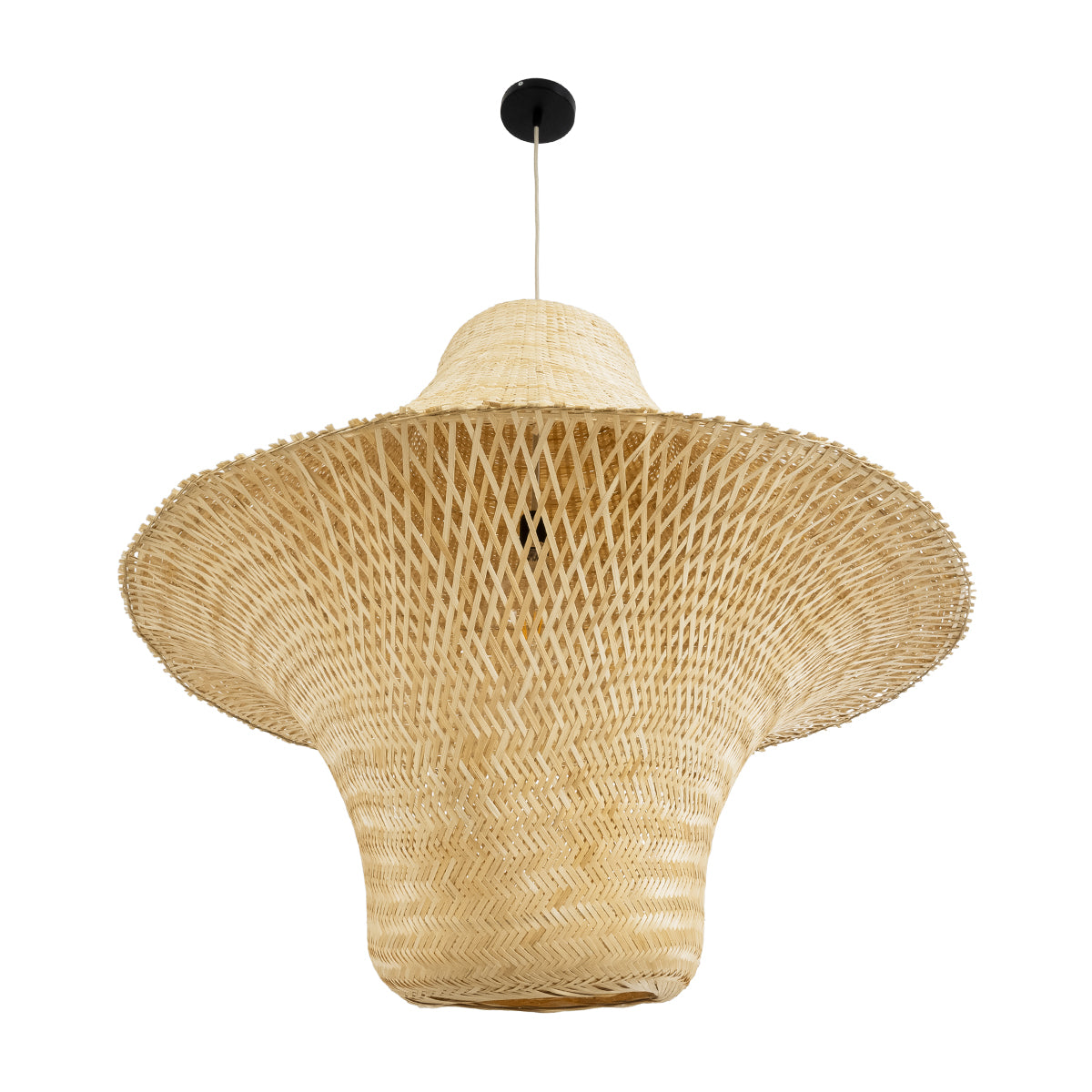 GloboStar® JUNIPER 02047 Boho Κρεμαστό Φωτιστικό Οροφής Μονόφωτο 1 x E27 AC220-240V IP20 - Φ100 x Υ90cm - Μπεζ Ξύλινο Μπαμπού Πλέγμα Καμπάνα - 5 Χρόνια Εγγύηση - ledmania.gr
