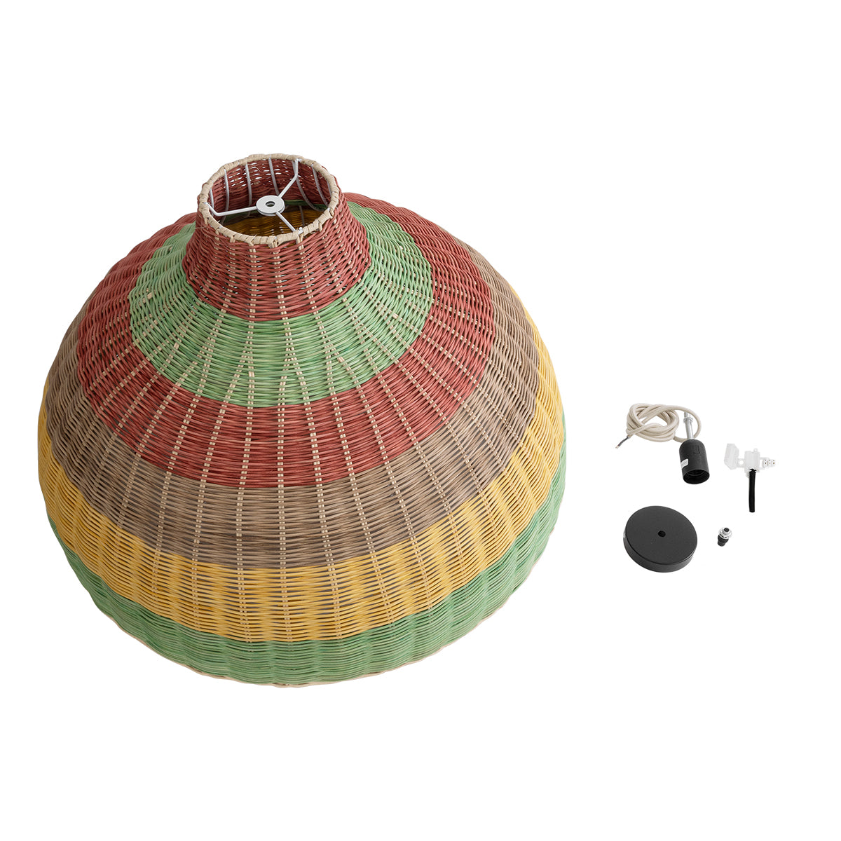 GloboStar® CABALLEROS 02054 Boho Κρεμαστό Φωτιστικό Μονόφωτο 1 x E27 AC220-240V IP20 - Φ70 x Υ48cm - Πράσινο με Κίτρινο και Μπεζ με Κόκκινο Ξύλινο Μπαμπού Πλέγμα Καμπάνα - 5 Χρόνια Εγγύηση - ledmania.gr