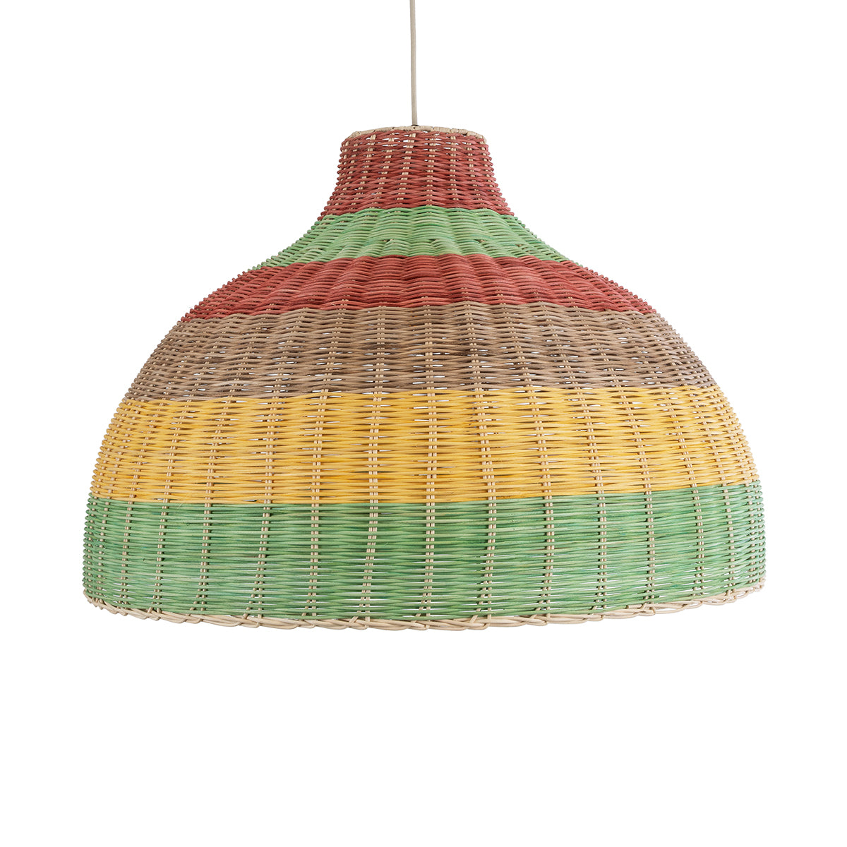 GloboStar® CABALLEROS 02054 Boho Κρεμαστό Φωτιστικό Μονόφωτο 1 x E27 AC220-240V IP20 - Φ70 x Υ48cm - Πράσινο με Κίτρινο και Μπεζ με Κόκκινο Ξύλινο Μπαμπού Πλέγμα Καμπάνα - 5 Χρόνια Εγγύηση - ledmania.gr