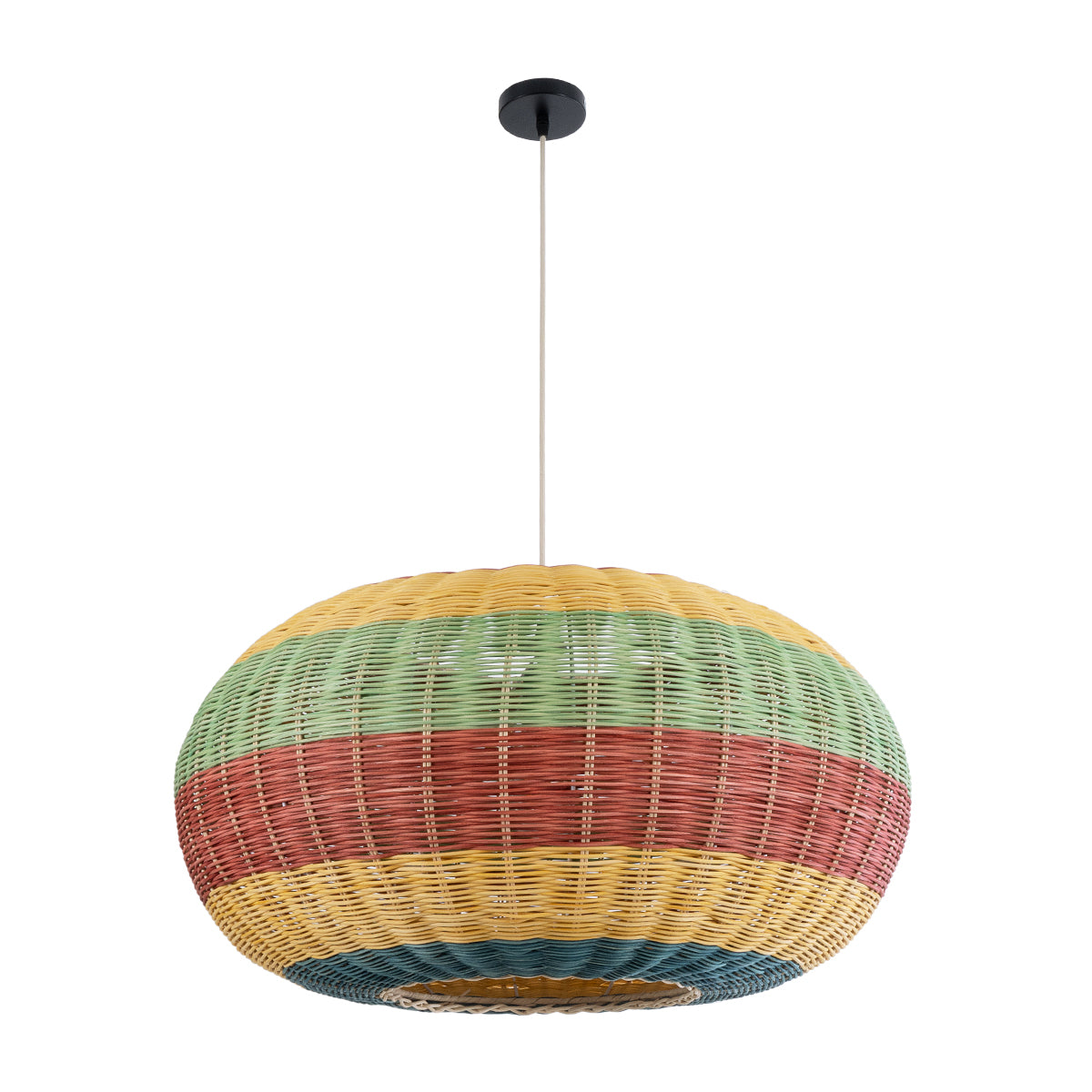 GloboStar® CABALLEROS 02056 Boho Κρεμαστό Φωτιστικό Μονόφωτο 1 x E27 AC220-240V IP20 - Φ70 x Υ36cm - Πράσινο με Κίτρινο και Μπλε με Κόκκινο Ξύλινο Μπαμπού Πλέγμα - 5 Χρόνια Εγγύηση - ledmania.gr