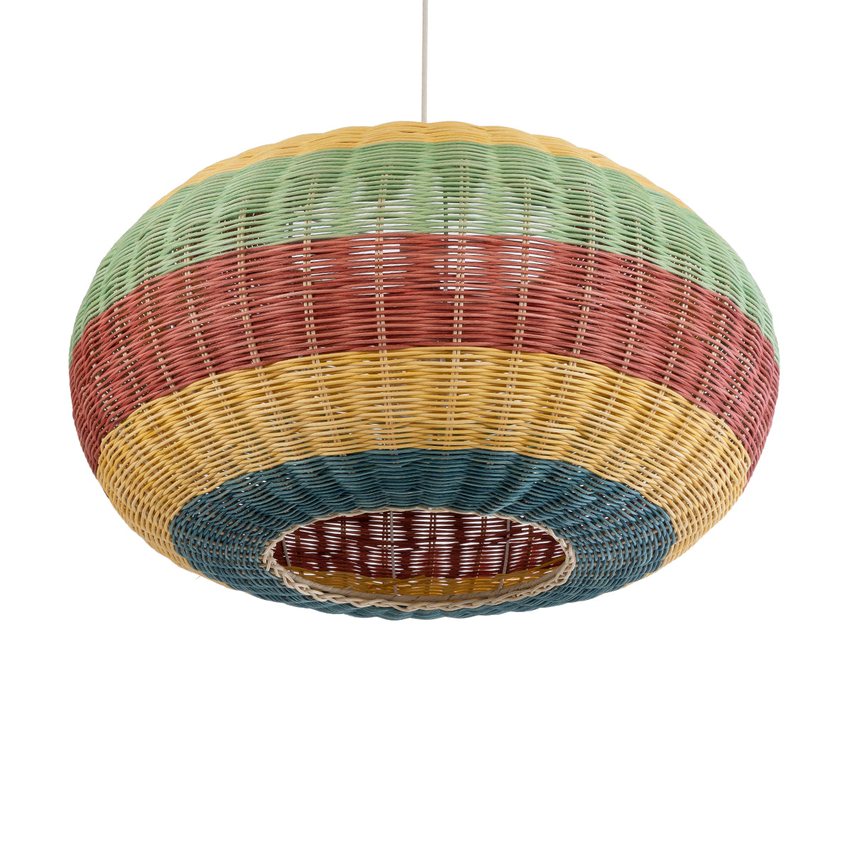GloboStar® CABALLEROS 02056 Boho Κρεμαστό Φωτιστικό Μονόφωτο 1 x E27 AC220-240V IP20 - Φ70 x Υ36cm - Πράσινο με Κίτρινο και Μπλε με Κόκκινο Ξύλινο Μπαμπού Πλέγμα - 5 Χρόνια Εγγύηση - ledmania.gr