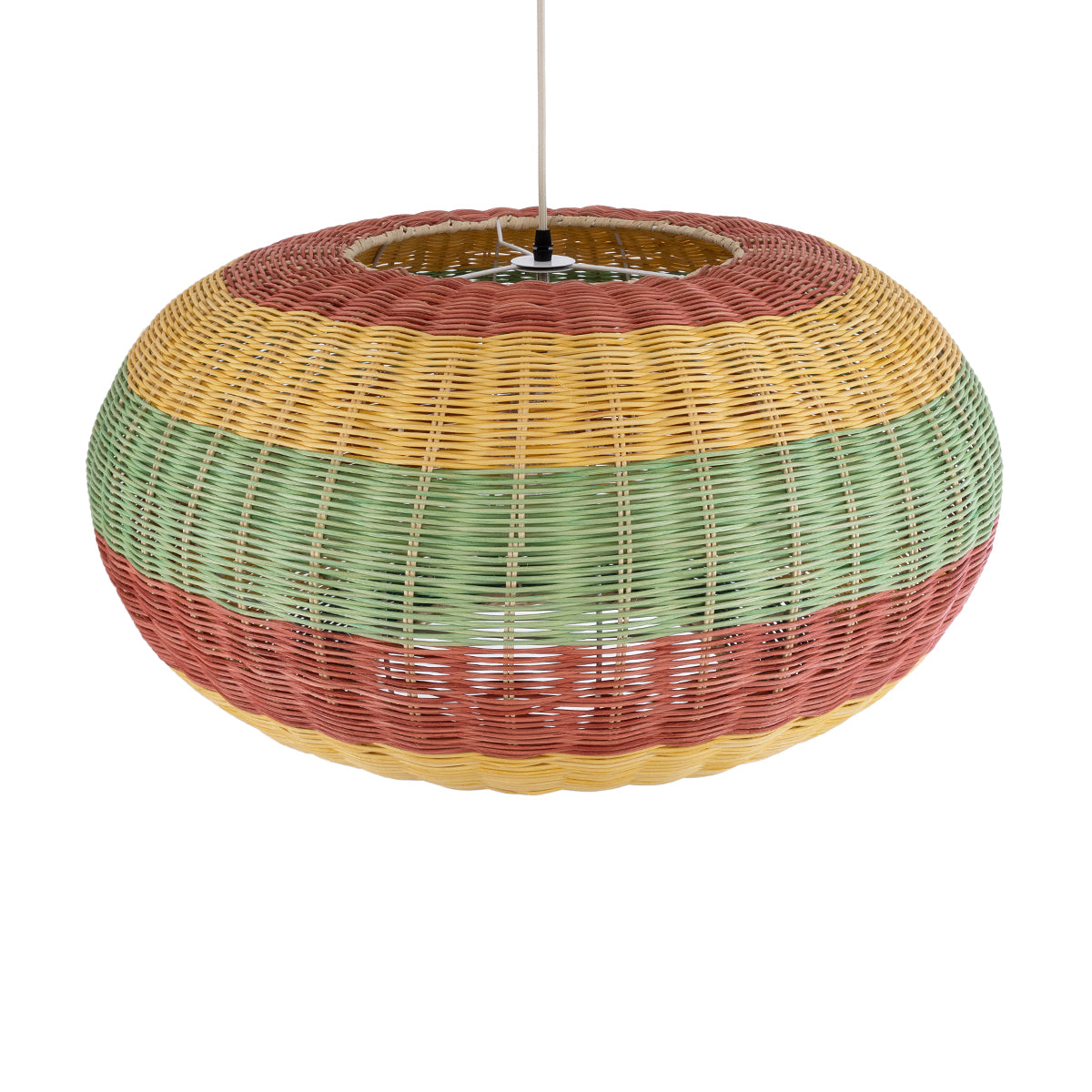 GloboStar® CABALLEROS 02056 Boho Κρεμαστό Φωτιστικό Μονόφωτο 1 x E27 AC220-240V IP20 - Φ70 x Υ36cm - Πράσινο με Κίτρινο και Μπλε με Κόκκινο Ξύλινο Μπαμπού Πλέγμα - 5 Χρόνια Εγγύηση - ledmania.gr