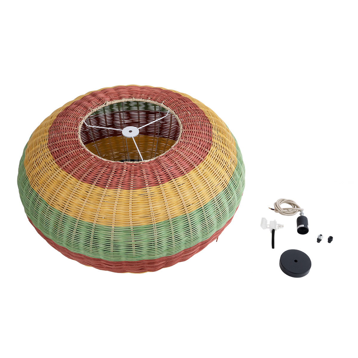 GloboStar® CABALLEROS 02056 Boho Κρεμαστό Φωτιστικό Μονόφωτο 1 x E27 AC220-240V IP20 - Φ70 x Υ36cm - Πράσινο με Κίτρινο και Μπλε με Κόκκινο Ξύλινο Μπαμπού Πλέγμα - 5 Χρόνια Εγγύηση - ledmania.gr