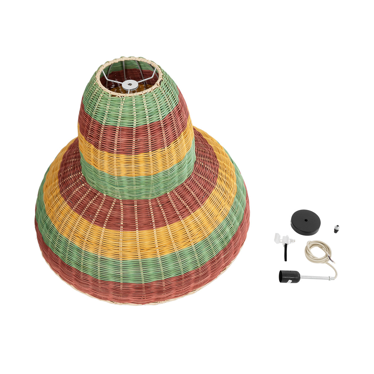 GloboStar® CABALLEROS 02058 Boho Κρεμαστό Φωτιστικό Μονόφωτο 1 x E27 AC220-240V IP20 - Φ70 x Υ60cm - Πράσινο με Κίτρινο και Μπεζ με Κόκκινο Ξύλινο Μπαμπού Πλέγμα Καμπάνα - 5 Χρόνια Εγγύηση - ledmania.gr