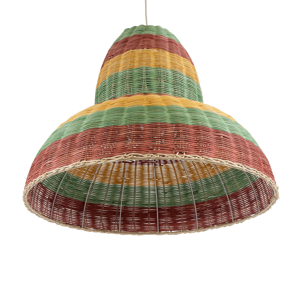 GloboStar® CABALLEROS 02058 Boho Κρεμαστό Φωτιστικό Μονόφωτο 1 x E27 AC220-240V IP20 - Φ70 x Υ60cm - Πράσινο με Κίτρινο και Μπεζ με Κόκκινο Ξύλινο Μπαμπού Πλέγμα Καμπάνα - 5 Χρόνια Εγγύηση - ledmania.gr