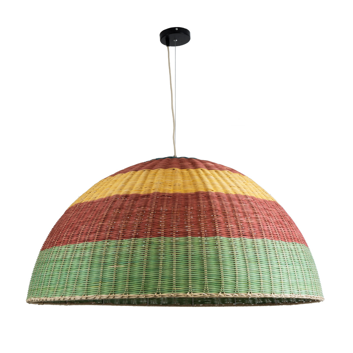 GloboStar® CABALLEROS 02062 Boho Κρεμαστό Φωτιστικό Οροφής Μονόφωτο 1 x E27 AC220-240V IP20 - Φ100 x Υ53cm - Πράσινο με Κίτρινο και Κόκκινο Ξύλινο Μπαμπού Πλέγμα Καμπάνα - 5 Χρόνια Εγγύηση - ledmania.gr