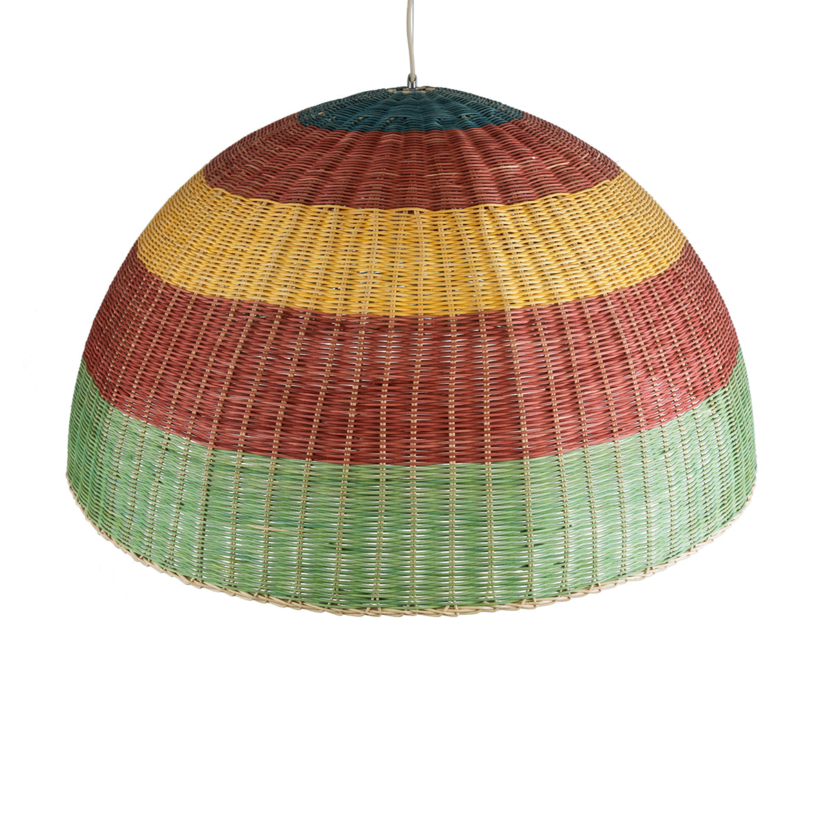 GloboStar® CABALLEROS 02062 Boho Κρεμαστό Φωτιστικό Οροφής Μονόφωτο 1 x E27 AC220-240V IP20 - Φ100 x Υ53cm - Πράσινο με Κίτρινο και Κόκκινο Ξύλινο Μπαμπού Πλέγμα Καμπάνα - 5 Χρόνια Εγγύηση - ledmania.gr