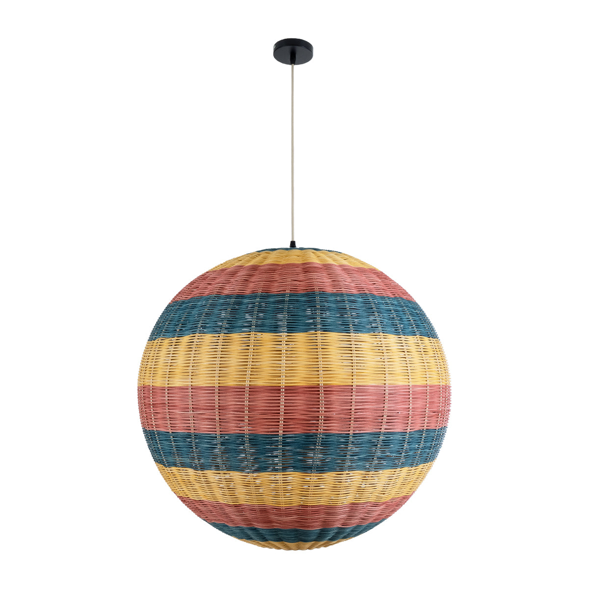 GloboStar® CABALLEROS 02063 Boho Κρεμαστό Φωτιστικό Οροφής Μονόφωτο 1 x E27 AC220-240V IP20 - Φ70 x Υ70cm - Μπλε με Κίτρινο και Κόκκινο Μπαμπού Πλέγμα Μπάλα - 5 Χρόνια Εγγύηση - ledmania.gr