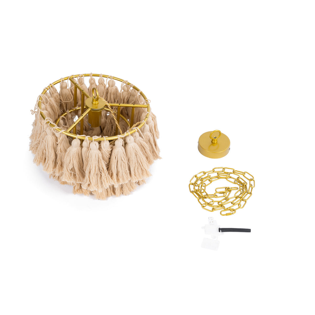 GloboStar® MISSOULA 02084 Boho Κρεμαστό Φωτιστικό Οροφής Μονόφωτο 1 x E27 AC220-240V IP20 - Φ30 x Υ40cm - Μπεζ Λεπτό Νήμα Βαμβακερό και Χρυσό Μεταλλικό Πλέγμα - 5 Χρόνια Εγγύηση - ledmania.gr