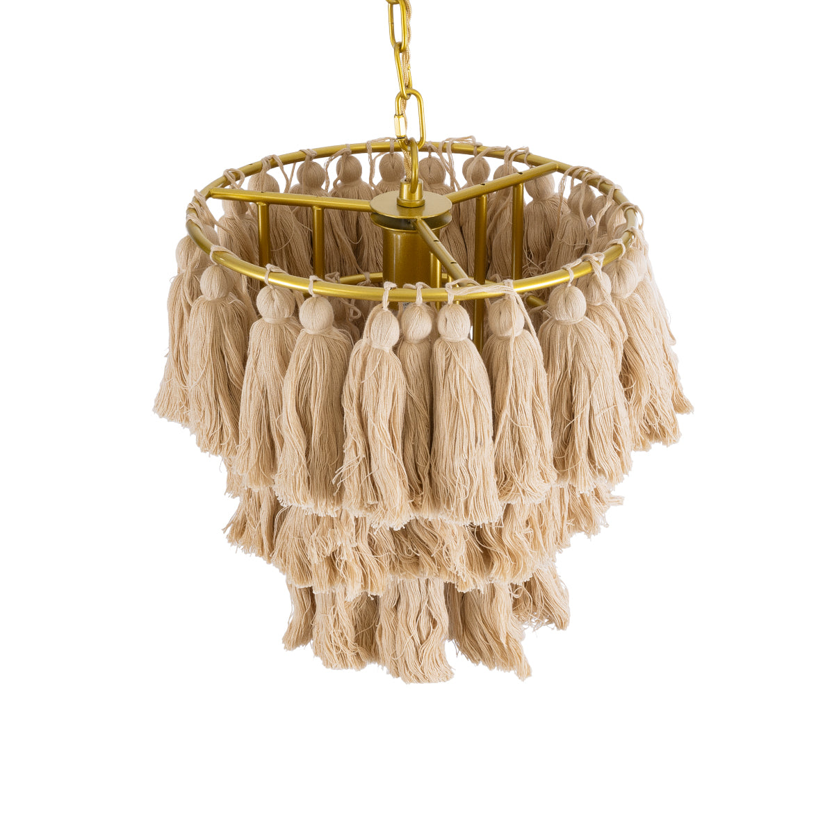 GloboStar® MISSOULA 02084 Boho Κρεμαστό Φωτιστικό Οροφής Μονόφωτο 1 x E27 AC220-240V IP20 - Φ30 x Υ40cm - Μπεζ Λεπτό Νήμα Βαμβακερό και Χρυσό Μεταλλικό Πλέγμα - 5 Χρόνια Εγγύηση - ledmania.gr