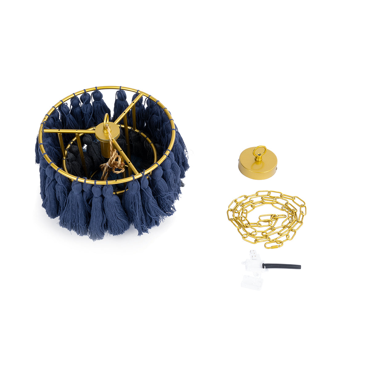 GloboStar® MISSOULA 02085 Boho Κρεμαστό Φωτιστικό Οροφής Μονόφωτο 1 x E27 AC220-240V IP20 - Φ30 x Υ40cm - Μπλε Σκούρο με Μαύρο και Μπλε Λεπτό Νήμα Βαμβακερό και Χρυσό Μεταλλικό Πλέγμα - 5 Χρόνια Εγγύηση - ledmania.gr