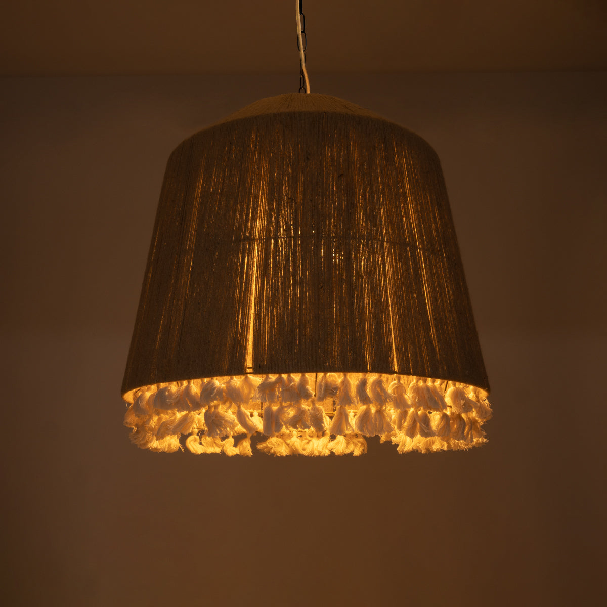 GloboStar® STARVALLEY 02093 Boho Κρεμαστό Φωτιστικό Οροφής Τρίφωτο 3 x E27 AC220-240V IP20 - Φ80 x Υ80cm - Μπεζ Λεπτό Σχοινί Τριχιά Καμπάνα - 5 Χρόνια Εγγύηση - ledmania.gr