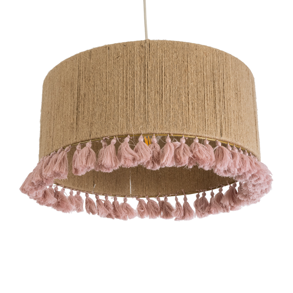 GloboStar® PUERTORICO 02096 Boho Κρεμαστό Φωτιστικό Οροφής Μονόφωτο 1 x E27 AC220-240V IP20 - Φ50 x Υ27cm - Μπεζ με Ροζ Λεπτό Νήμα Πλέγμα Βαμβακερό Καπέλο - 5 Χρόνια Εγγύηση - ledmania.gr