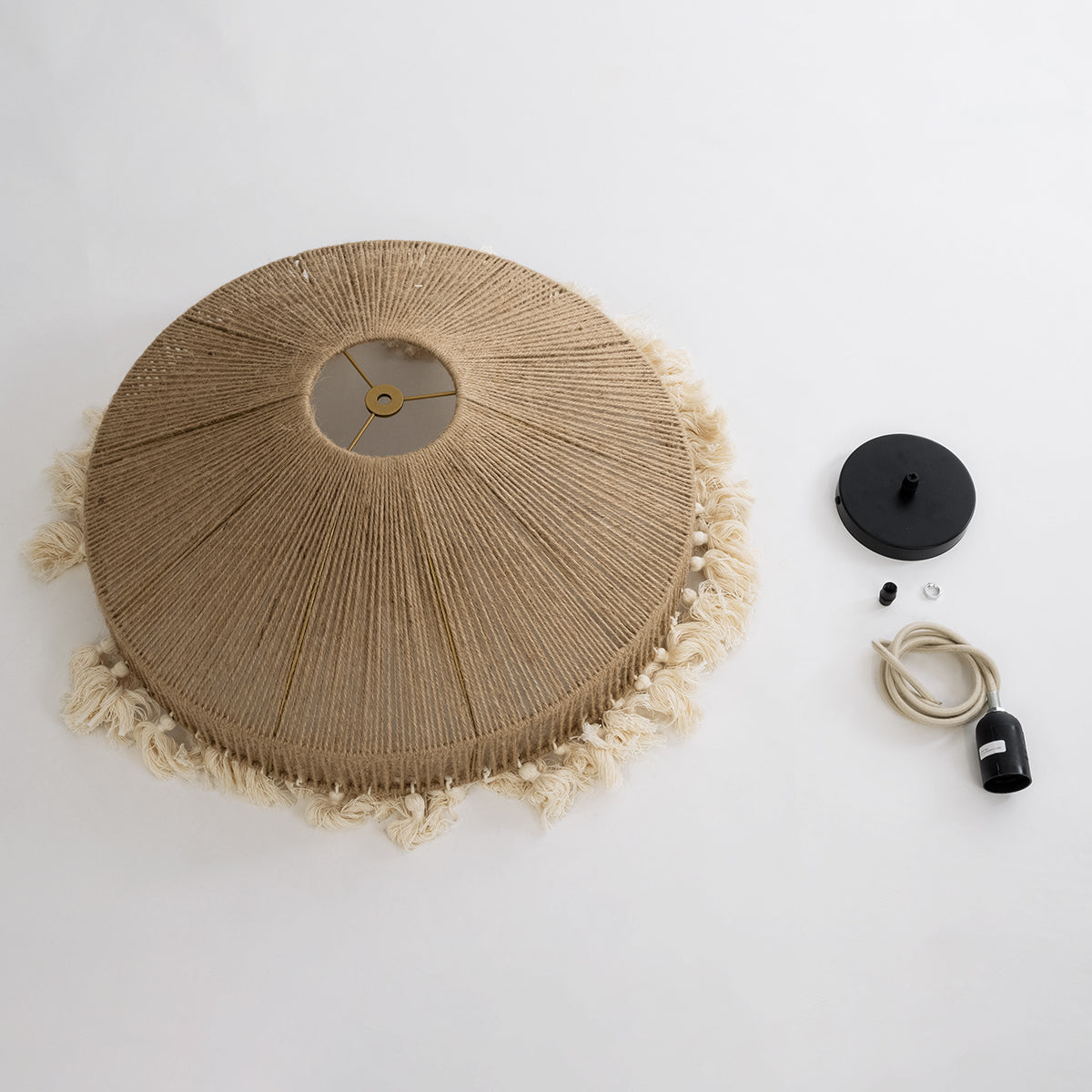 GloboStar® MAZU 02098 Boho Κρεμαστό Φωτιστικό Οροφής Μονόφωτο 1 x E27 AC220-240V IP20 - Φ50 x Υ25cm - Μπεζ με Λευκό Λεπτό Νήμα Πλέγμα Βαμβακερό Καπέλο - 5 Χρόνια Εγγύηση - ledmania.gr