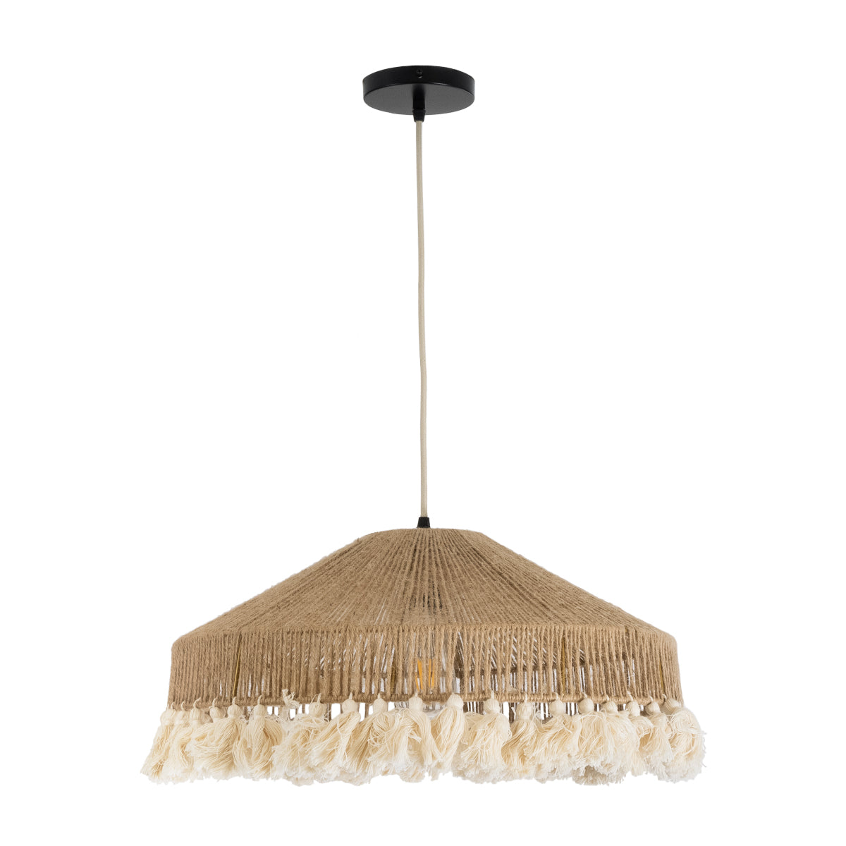 GloboStar® MAZU 02098 Boho Κρεμαστό Φωτιστικό Οροφής Μονόφωτο 1 x E27 AC220-240V IP20 - Φ50 x Υ25cm - Μπεζ με Λευκό Λεπτό Νήμα Πλέγμα Βαμβακερό Καπέλο - 5 Χρόνια Εγγύηση - ledmania.gr