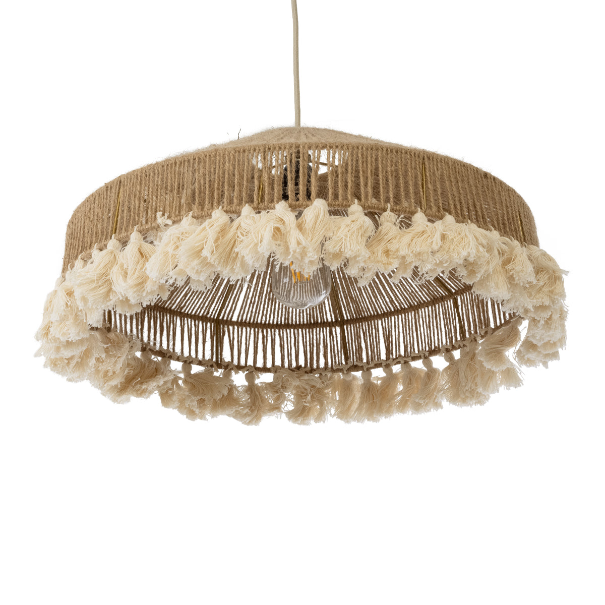 GloboStar® MAZU 02098 Boho Κρεμαστό Φωτιστικό Οροφής Μονόφωτο 1 x E27 AC220-240V IP20 - Φ50 x Υ25cm - Μπεζ με Λευκό Λεπτό Νήμα Πλέγμα Βαμβακερό Καπέλο - 5 Χρόνια Εγγύηση - ledmania.gr