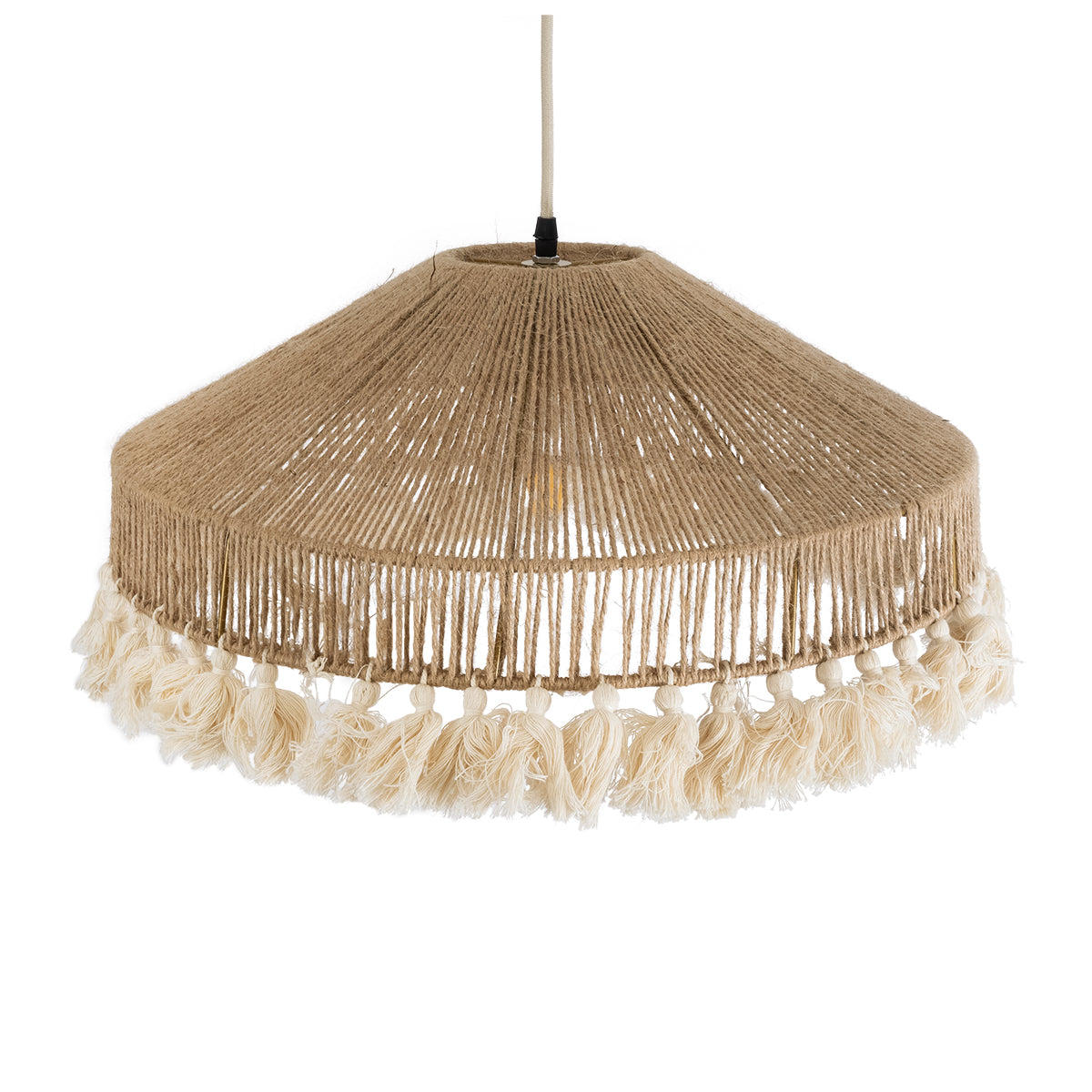 GloboStar® MAZU 02098 Boho Κρεμαστό Φωτιστικό Οροφής Μονόφωτο 1 x E27 AC220-240V IP20 - Φ50 x Υ25cm - Μπεζ με Λευκό Λεπτό Νήμα Πλέγμα Βαμβακερό Καπέλο - 5 Χρόνια Εγγύηση - ledmania.gr