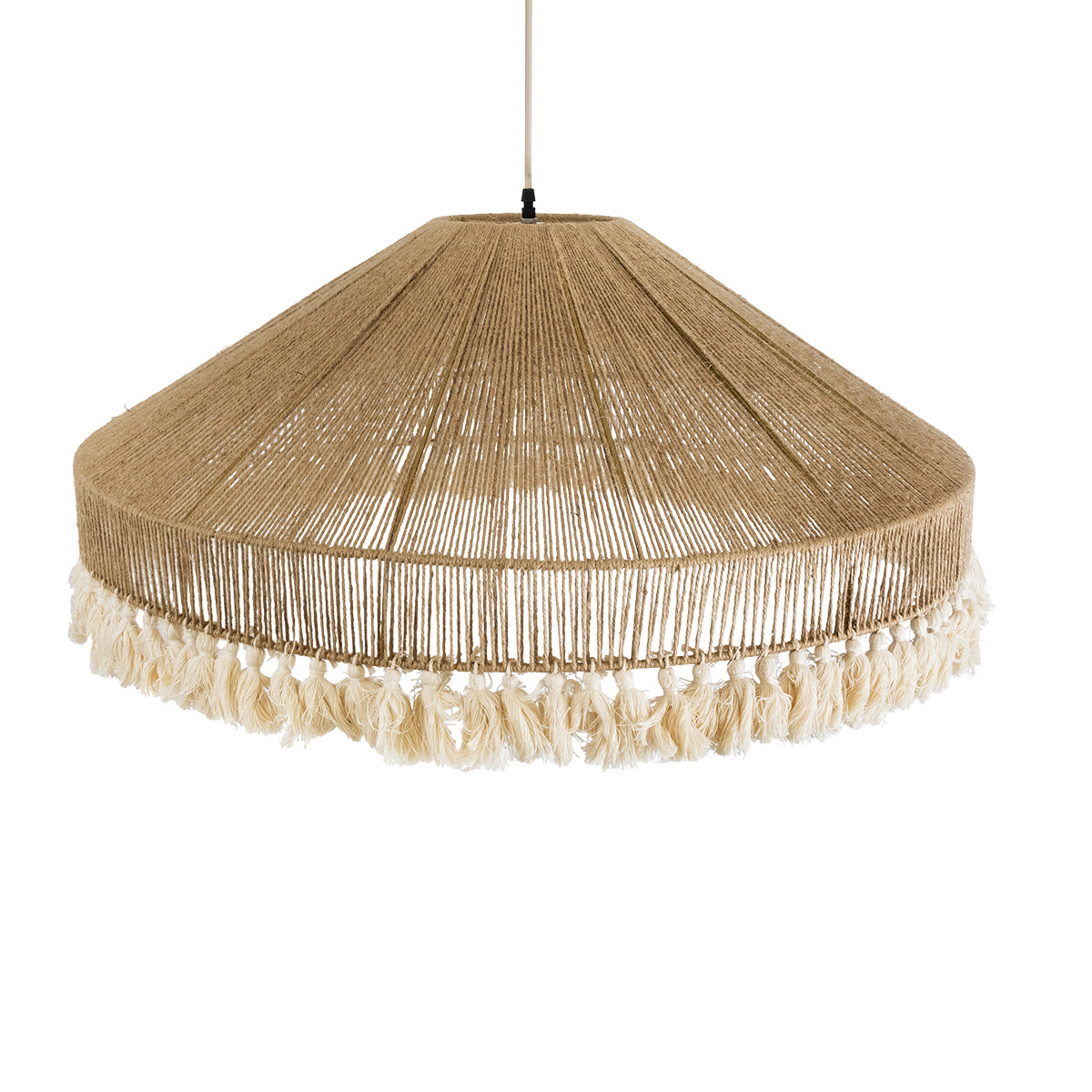GloboStar® MAZU 02099 Boho Κρεμαστό Φωτιστικό Οροφής Τριφωτο 3 x E27 AC220-240V IP20 - Φ80 x Υ35cm - Μπεζ με Λευκό Λεπτό Νήμα Πλέγμα Βαμβακερό Καπέλο - 5 Χρόνια Εγγύηση - ledmania.gr
