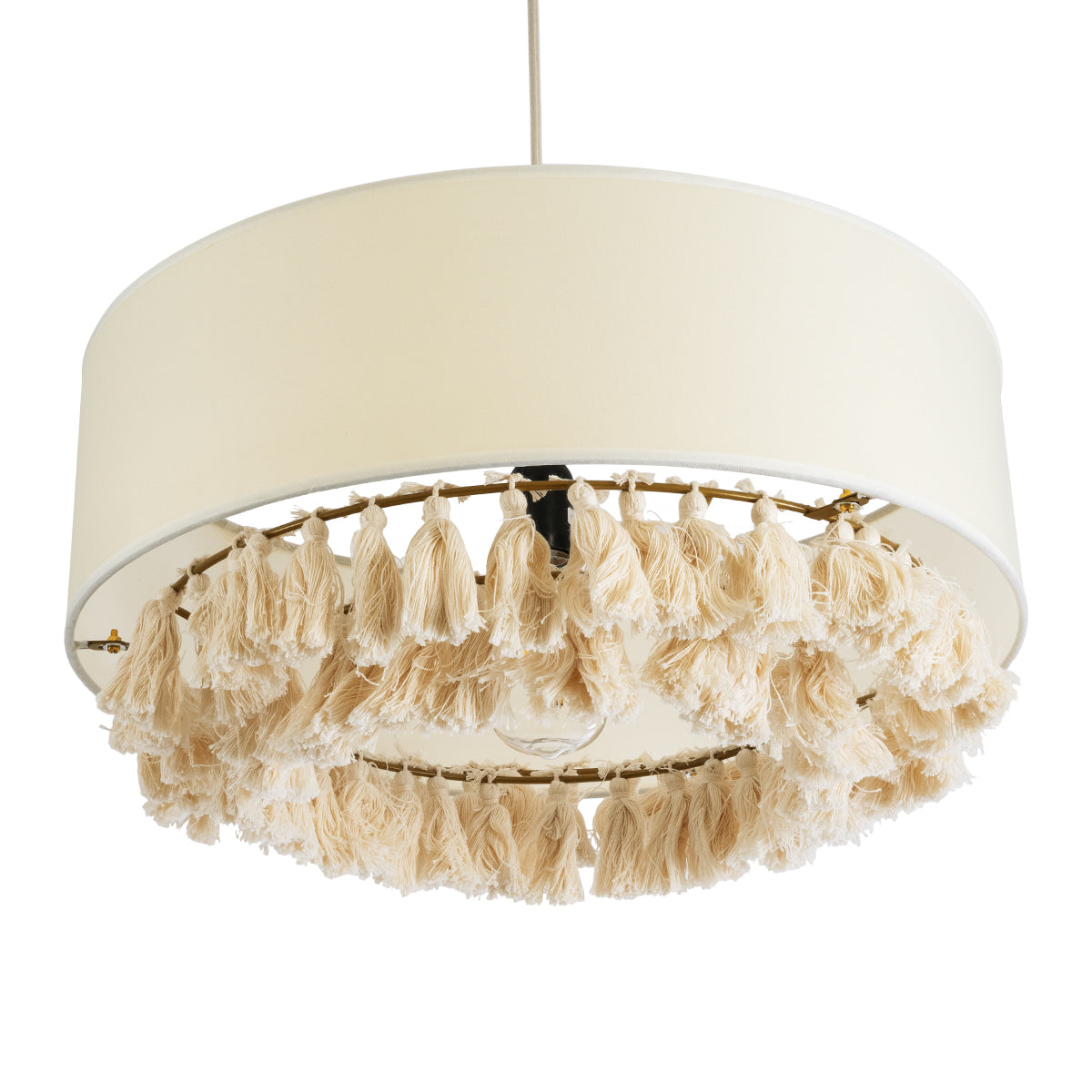 GloboStar® GINGER 02100 Boho Κρεμαστό Φωτιστικό Οροφής Μονόφωτο 1 x E27 AC220-240V IP20 - Φ50 x Υ25cm - Μπεζ Υφασμάτινο με Μπεζ Λεπτό Νήμα Πλέγμα Βαμβακερό Καπέλο - 5 Χρόνια Εγγύηση - ledmania.gr